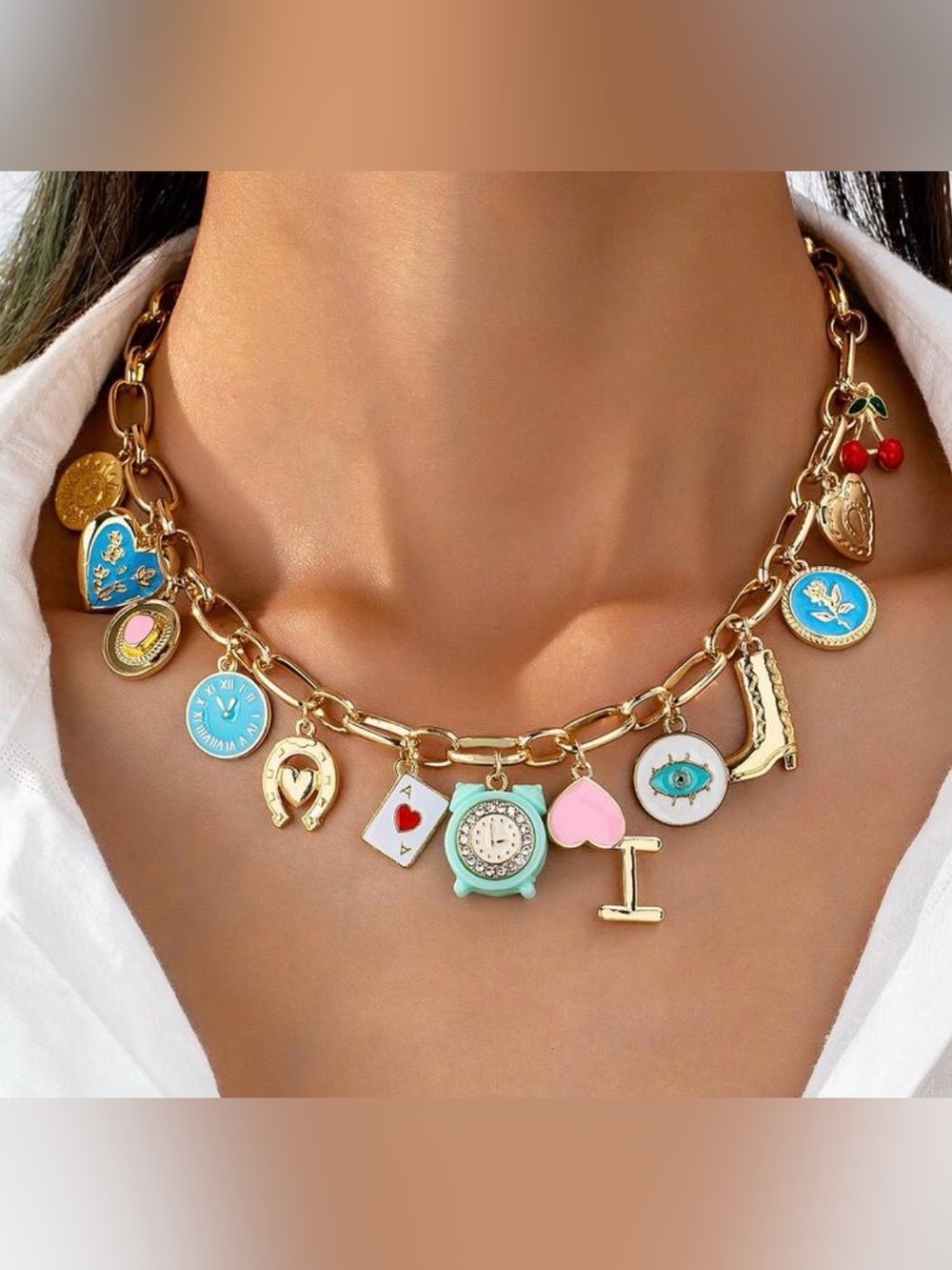 Western Gold Charm Necklace with Pastel Enamel Charms Cowgirl Charms Necklace - Picture 2 of 3